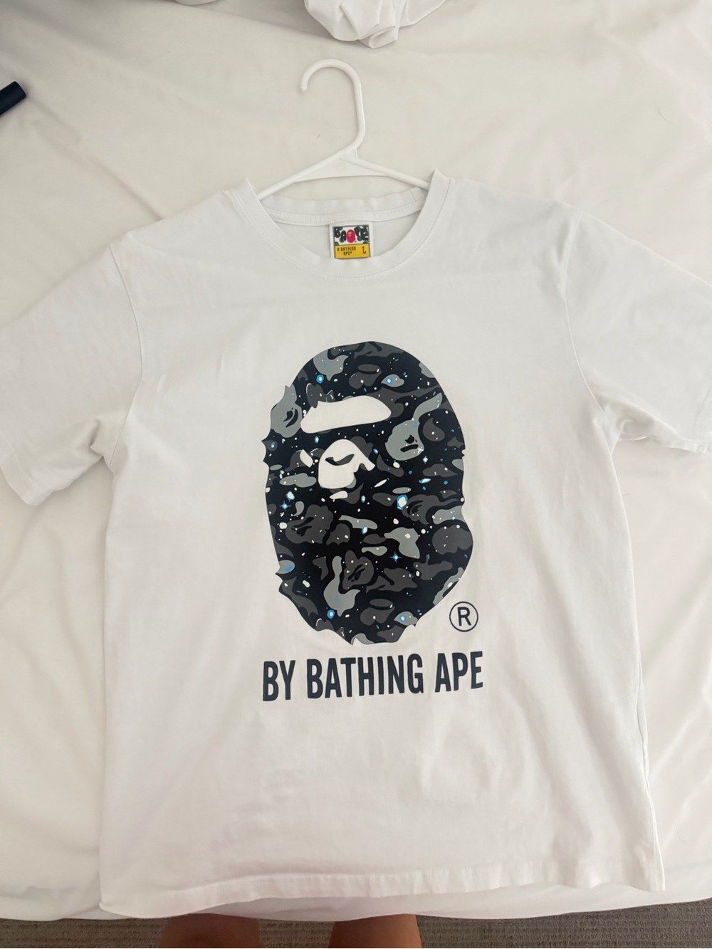 Bape White Tee with Black & Gray Camo Ape Head